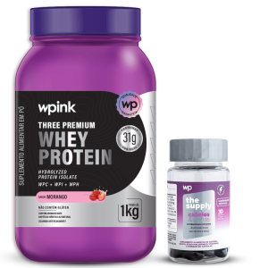 three premium whey protein morango 1kg + cabelos e unhas - wp